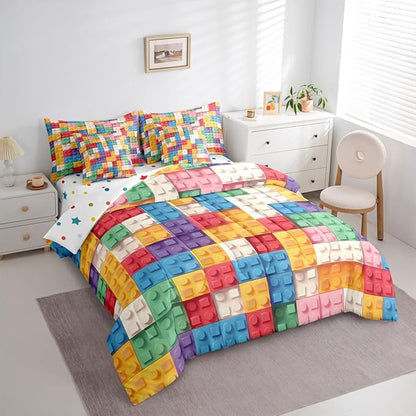 Feelyou Building Block Print 7 Piece Bedding Set King Size Kids Brick Styles Comforter Set with Sheets for Boys Teens Colorful Gaming Bed in a Bag Green Red Yellow Blue Room Decor