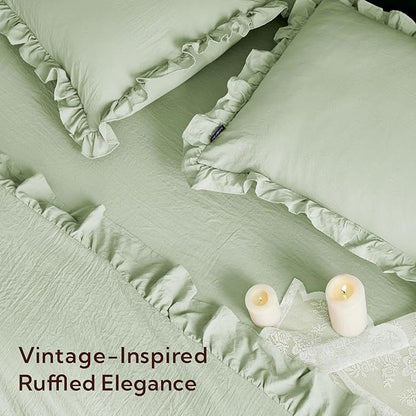 MR&HM Light Green Comforter Set Full Size for Girls Women 7 Pieces, Shabby Chic Vintage Cottagecore Bed Sets Elegance Boho Bed in a Bag, Ultra-Soft & Fluffy Comforter for All Season