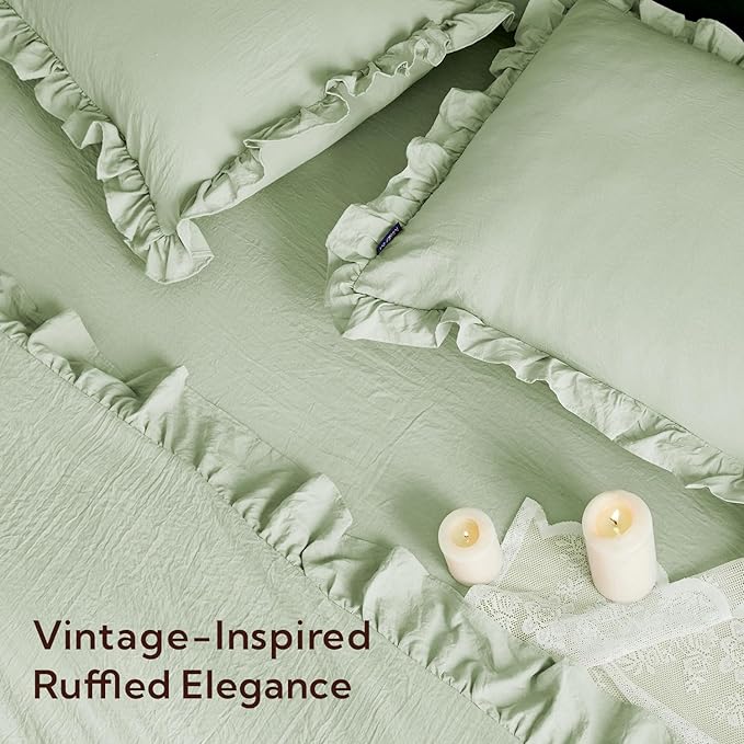MR&HM Queen Comforter Set Light Green, Comforter Set 7 Pieces for Girls Women, Shabby Chic Vintage Cottagecore Bed Sets Elegance Boho Bed in a Bag, Ultra-Soft & Fluffy Comforter for All Season