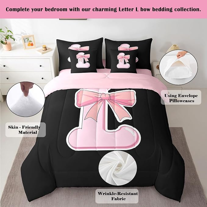 jejeloiu Kawaii Pink Bow King Comforter Set with Sheets,Gifts for Women Teen Girl,Personalized Initial Letter L 7 Piece Bedding Set,Soft Monogrammed Bed in a Bag with Comforter,Sheets,Pillowcases