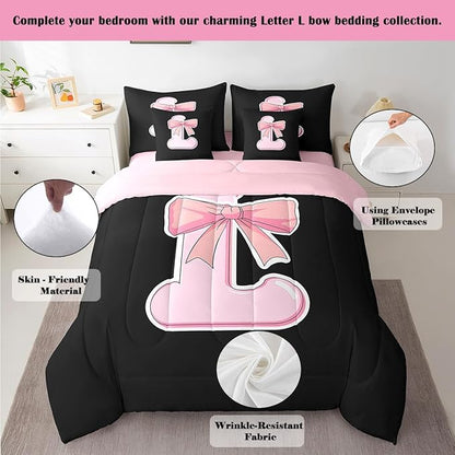 jejeloiu Kawaii Pink Bow Queen Comforter Set with Sheets,Gifts for Women Teen Girl,Personalized Initial Letter L 7 Piece Bedding Set,Soft Monogrammed Bed in a Bag with Comforter,Sheets,Pillowcases