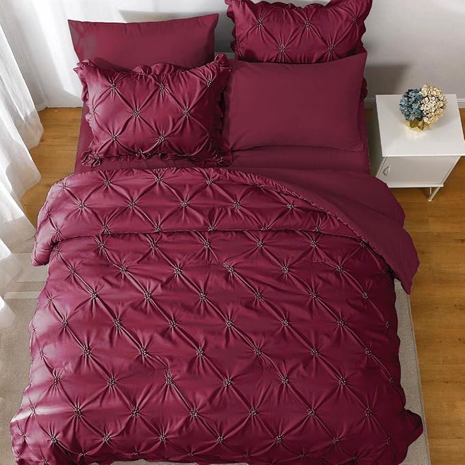JOLLYVOGUE King Size Comforter Set 7 Pieces, Dark Red Bed in a Bag Comforter Set for Bedroom, Beddding Sets with Comforter, Sheets,Ruffled Shams & Pillowcases
