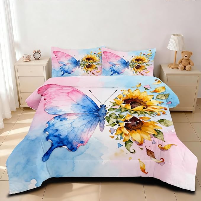 Butterfly Comforter Set Queen 3 Pieces Blue Pink Green Tie Dye Bedding Set for Kids Teens Butterflies Floral Sunflower Comforter with 2 Pillowcases, Super Soft Microfiber All Season