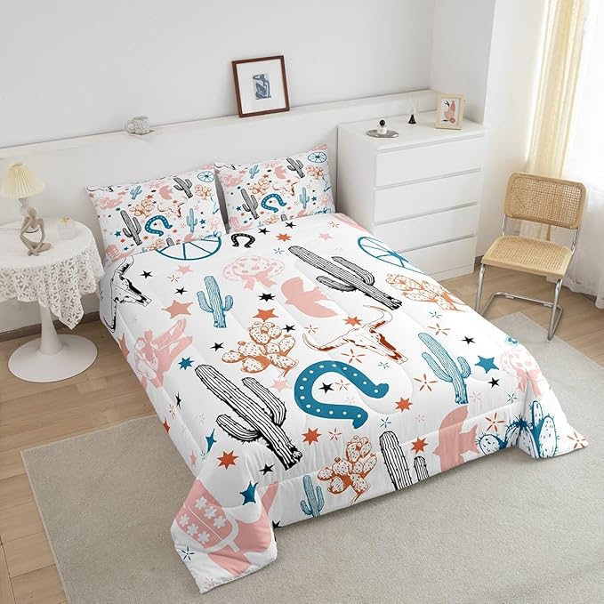 Feelyou Pink Western Aztec Bedding Set Kids Wild Cowboy Comforter Set Toddler Size Horseshoes Cactus Bull Skull Boots Boho Rustic Duvet Quilt for Women Men Room Decor Soft with 1 Pillow Case 2Pcs