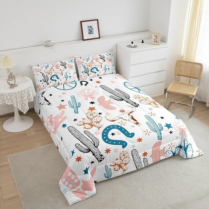 Feelyou Pink Western Aztec Bedding Set Kids Wild Cowboy Comforter Set King Size Horseshoes Cactus Bull Skull Boots Boho Rustic Duvet Quilt for Women Men Room Decor Soft with 2 Pillow Case 3Pcs