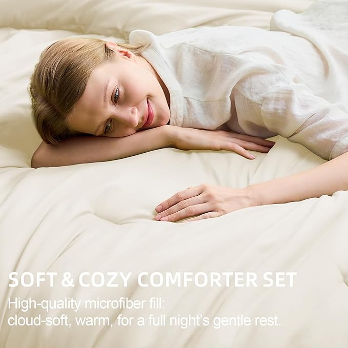 FUANNA Full Size Comforter Sets Cream White, 7 Pieces Soft Bed in a Bag Full, All Season Lightweight Bed Sets with Comforter, Flat Sheet, Fitted Sheet, Pillowcases & Shams