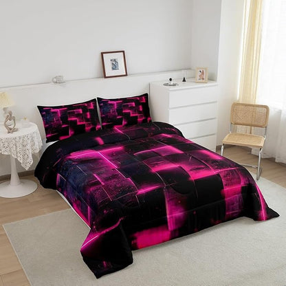 Black Hot Pink Abstract Comforter Full Gradient Square Full Bedding Set, Grid Down Comforter Neon Checkered Bed Set Glowing Plaid Quilted Duvet 3D Modern Bedroom Decor 3pcs (Black Reversible)