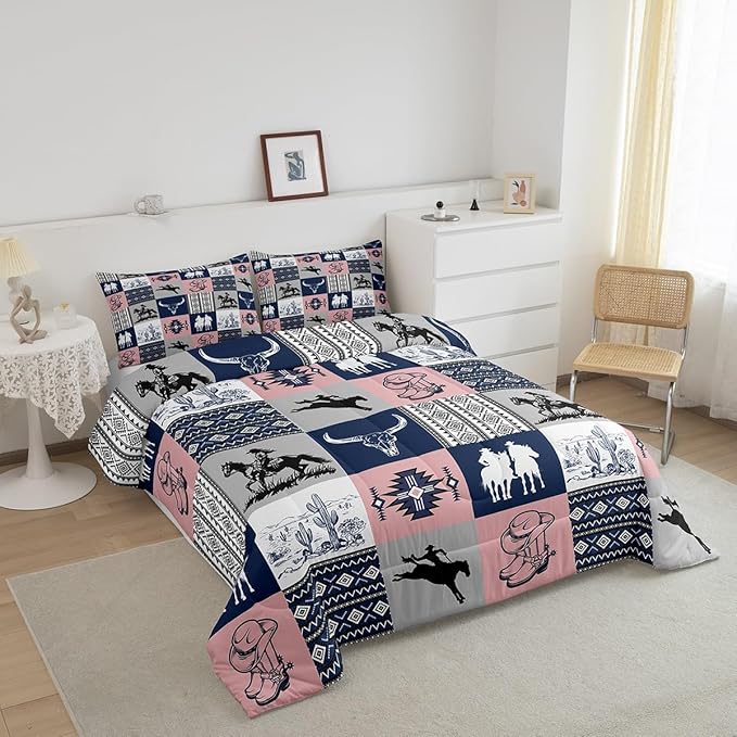 Southwestern Comforter Set King Size,Navy Blue Pink Plaid Patchwork Bedding Set 3Pcs,Cowboy Cow Skull Cactus Quilt Set for Boys Girls Men Room Decor,Vintage Rustic Duvet Insert,2 Pillowcases