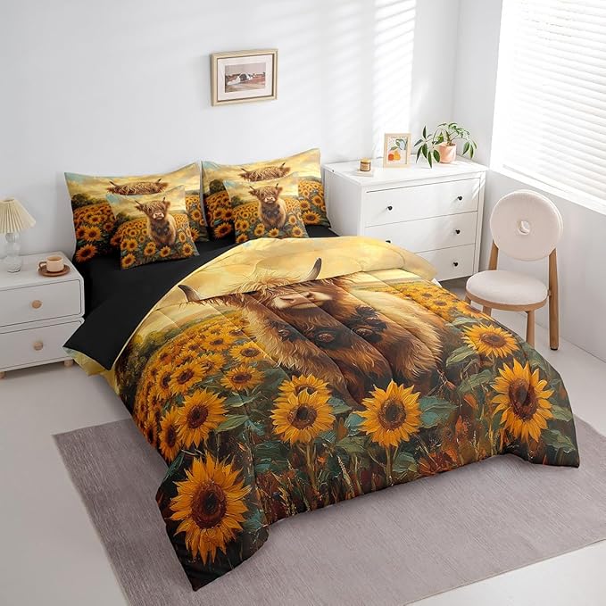 Erosebridal Highland Cow and Sunflowers Bedding King, Rustic Farmhouse Cows Print Bed Set, Sunflower Decor Farm Animal Comforter + Flat Sheet + Fitted Sheet + 2 Pillowcases + 2 Throw Pillow Covers