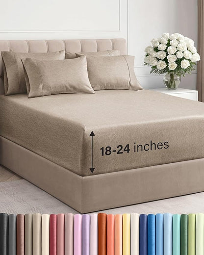 Extra Deep Full Sheet Set - 6 Piece Breathable and Cooling Sheets - Hotel Luxury Bedding for Women, Men, Kids & Teens - Easy Secure Fit - Soft and Wrinkle Free - Extra Deep Pockets - Heathered Beige