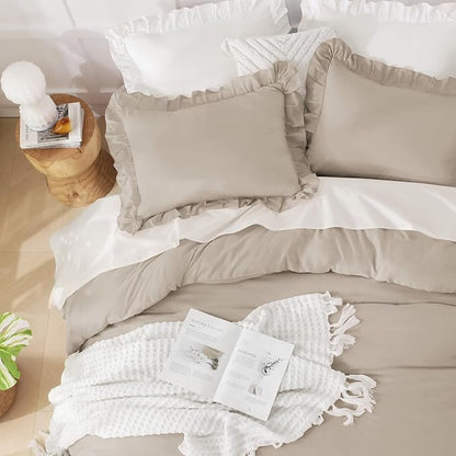 Andency California King Comforter Set Wheat (104x96Inch), 3 Pieces Cal King Ruffle Comforter, Oversized Farmhouse Shabby Chic Bed Comforter, Lighteweight and Soft Microfiber Bedding Set