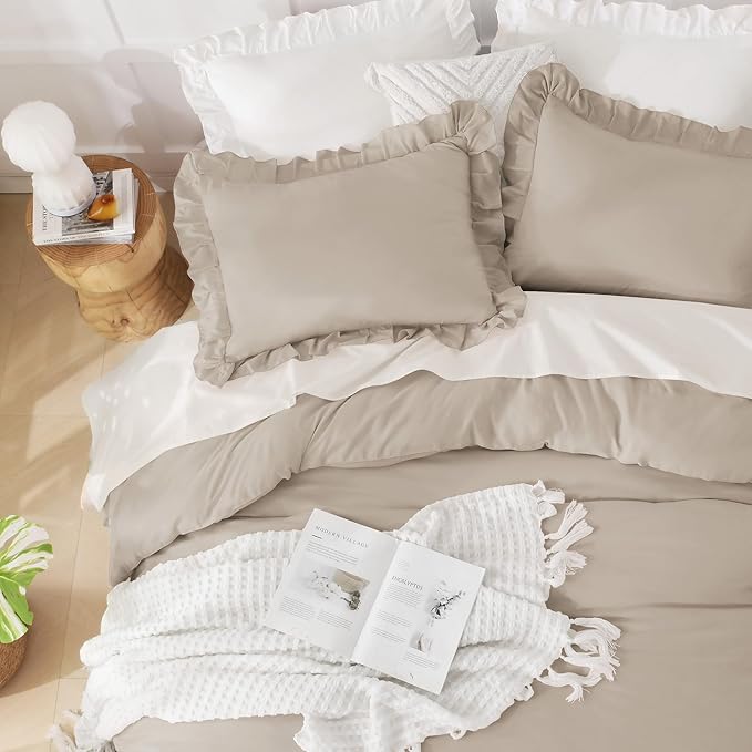 Andency Oversized King Comforter Set 120x98, 3 Pieces Ruffle Shabby Chic Famhouse Bedding Set, All Season Lightweight Fluffy Bed Set for Girls Women, Wheat