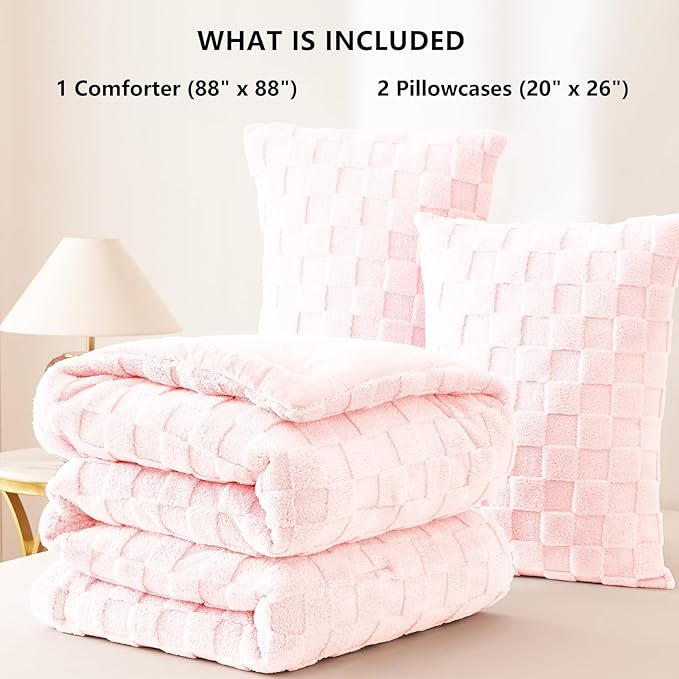CozyLux Fleece Queen Comforter Set Blush Pink,Super Soft & Warm Fluffy Bedding with Checkered Pattern,Luxury Fuzzy Heavy Bed Set for Winter,3 Pieces,1 Comforter and 2 Pillowcases