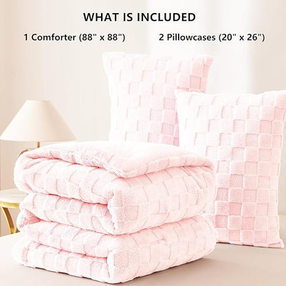 CozyLux Fleece Queen Comforter Set Blush Pink,Super Soft & Warm Fluffy Bedding with Checkered Pattern,Luxury Fuzzy Heavy Bed Set for Winter,3 Pieces,1 Comforter and 2 Pillowcases