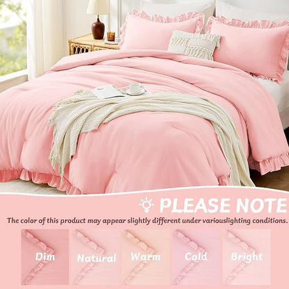 FUANNA Twin Comforter Set Pink, 2 Pieces Ruffle Twin Bed Set, Fluffy Twin Bedding Sets for All Seasons, Farmhouse Bed in a Bag with 1 Comforter & 1 Pillowsham