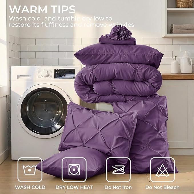 Sasttie Queen Comforter Set, 7-Piece Bed in a Bag, Pintuck Bedding Sets for All Season, Includes Comforter, Flat Sheet, Fitted Sheet, Pillowcases and Pillowshams, Grape Purple