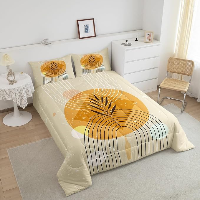 Erosebridal Geometric Stripe Comforter Set Queen Retro Aesthetic Bedding Set, Beige Minimalism Bedding Comforter Sets Modern Artwork Duvet, Mid Century Quilted Comforter with 2 Pillowcase Super Cozy