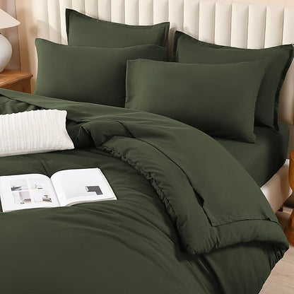 Litanika Twin/Twin XL Size Comforter Sets Grey Olive Green - 5 Pieces Bed in a Bag Twin/Twin XL Bedding Comforter Sets, Solid Lightweight Bed Set with Comforter, Sheets, Pillowcase & Sham