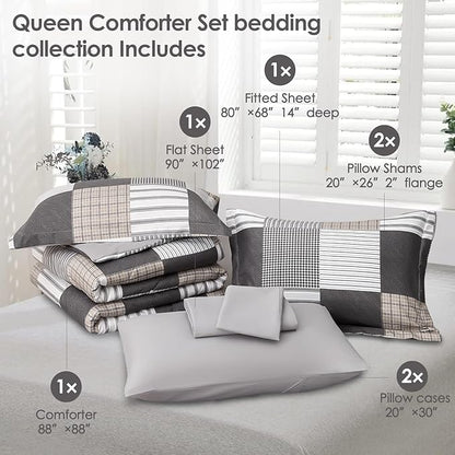 Comforter Set Queen Size Plaid Patchwork Comforter Bedding-7 Piece Bed in a Bag,Soft Fluffy Reversible Microfiber Bedding Set(1 Comforter,1 Flat Sheet,1 Fitted Sheet,2 Pillowcases,2 Pillow Shams),Grey