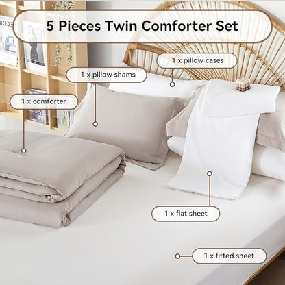 weigelia Twin Comforter Set 5 Pieces LinenGrey Bedding Set All Season Soft Lightweight Comforter Set Bed in a Bag Twin Set with Comforters, Flat & Fitted Sheets, Pillowcases & Shams