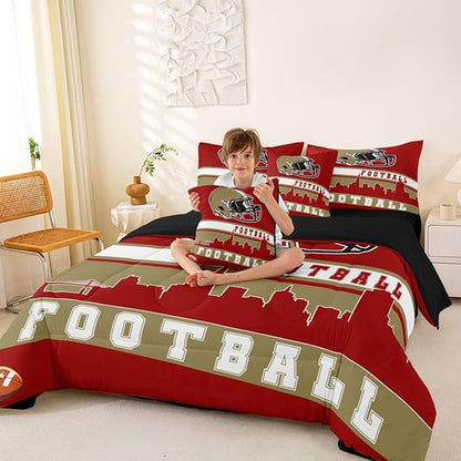 Erosebridal Football 7 Pcs Comforter Set King Football Fans Bedding for Boys Girls Football City Sheet Set Bed in A Bag Red Rugby Competition Room Decor Sports Ball Game Quilt