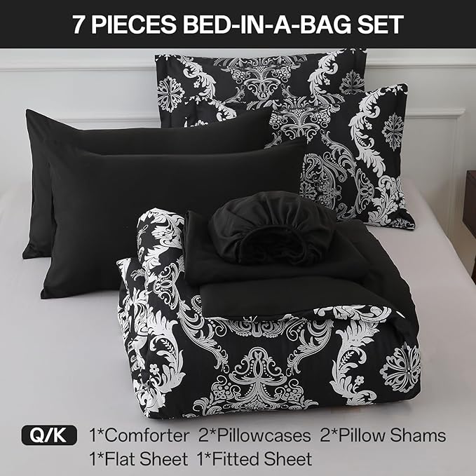 WONGS BEDDING 7 Pieces Comforter Set Queen Size, Black White Texture Bedding Set for All Season, Damask Soft and Breathable Bed in a Bag with Comforter, Flat Sheet, Fitted Sheet, Pillowcases & Shams