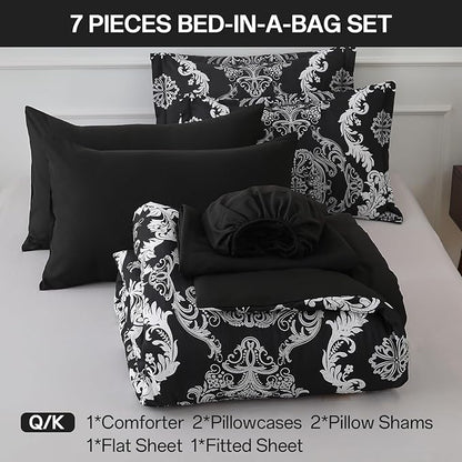 WONGS BEDDING 7 Pieces Comforter Set King Size, Black White Texture Bedding Set for All Season, Damask Soft and Breathable Bed in a Bag with Comforter, Flat Sheet, Fitted Sheet, Pillowcases & Shams