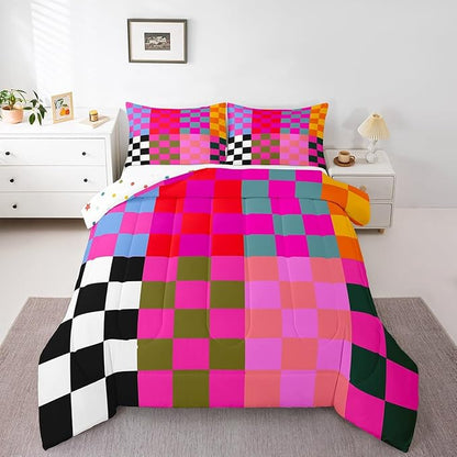 Feelyou Multicolored Checkered Retro Bedding Set Kids Boys Girls Geometric Vintage Comforter Set Full Size Black Red Purple Duvet Insert Modern Simple Groovy Aesthetic Room Decor