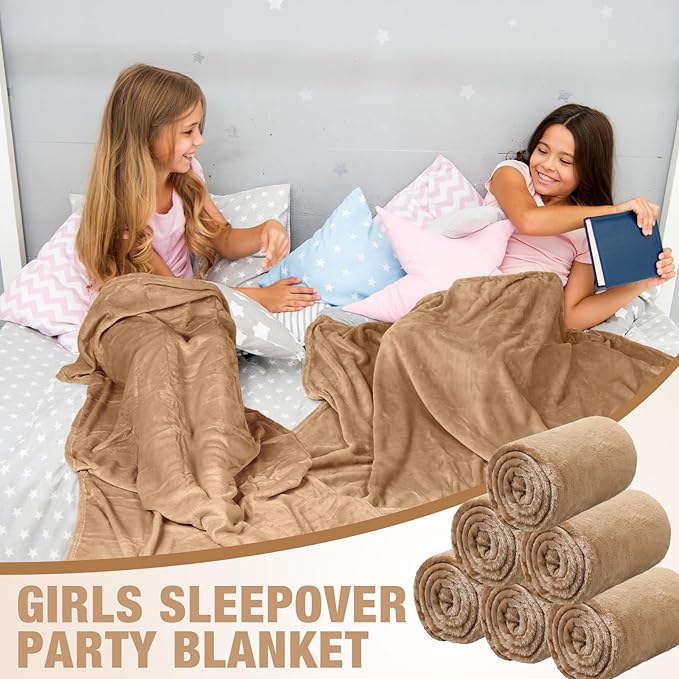 12 Pcs Fleece Blankets for Girls Sleepover Party Soft Fuzzy Throw Blanket 40 x 60 Inch Warm Flannel Blanket for Teenager Bed Travel SPA Movie Party(Light Camel)