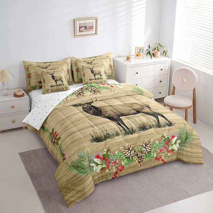 Reindeer Bed in a Bag Queen Comforter Set 7 Piece,Woodland Animals Bedding Sets Rustic Elk Deer Moose Sheet Set with Comforter