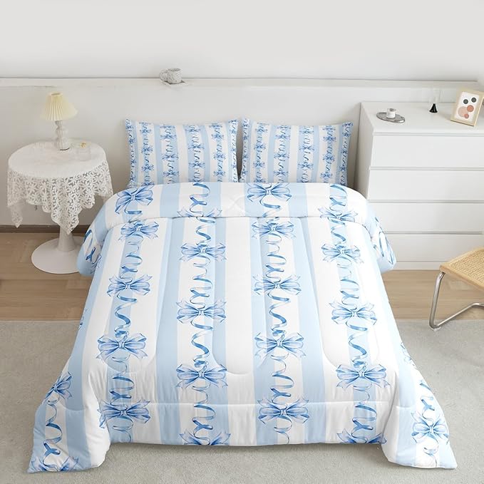 Erosebridal Blue Bowknot Comforter Set King Cute Kawaii Bow Bedding Set for Girls Princess Room Decor,Blue Coquette Bowknot Comforter Geometric Spiral Striped Butterfly Knot Bed Set