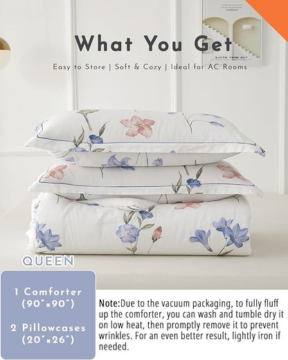 Natural Cotton 3pcs Floral Comforter Sets Queen Size - White Comfoter with Blush,Blue & Beige Floral Prints, Neutural Refresh Lightweight Bedding Sets(Queen 90"×90")