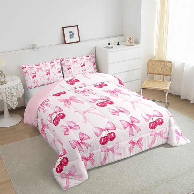 Erosebridal Pink Plaid Bow Bedding Comforter Sets Queen Cute Bowknot Comforter Set Girls Grids Ribbon Bow Cherry Bedding Set Kawaii Watercolor Duvet Insert for Kids Teen Women Room Decor 3 Pcs