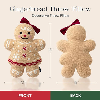 Phantoscope Gingerbread Series Merry Christmas Throw Pillow, Plush Teddy Sherpa Xmas Gingerbread Girl Shaped Christmas Decorative Pillow with Bow for Couch Living, Bedroom, Beige, 13x18 inches