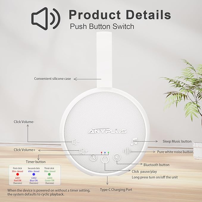White Noise Sound Machine for Sleeping Adults & Baby, Portable Noise Machine with 24 Soothing Sounds, Bluetooth 5.1, Battery Powered, 3 Timer Settings, Memory Function for Home, Office, Travel (White)