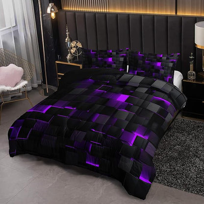 Neon Purple Black Comforter Set Twin Geometric Kids Bedding Set,3 PCS Geometry Honeycomb Bed Set Modern Quilt Set 1 Comforter 2 Pillow Cases Cool Room Decor All Season B-Side Black