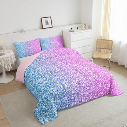 Colorful Glitter Bedding Full Girly Turquoise Teal Blue Pink Pastel Girls Comforter Set 3 Pcs Trendy Quilt Duvet for Kid Women Down Comforter with Sparkle Sequin Pattern Bling Bedroom Decor Bed Cover