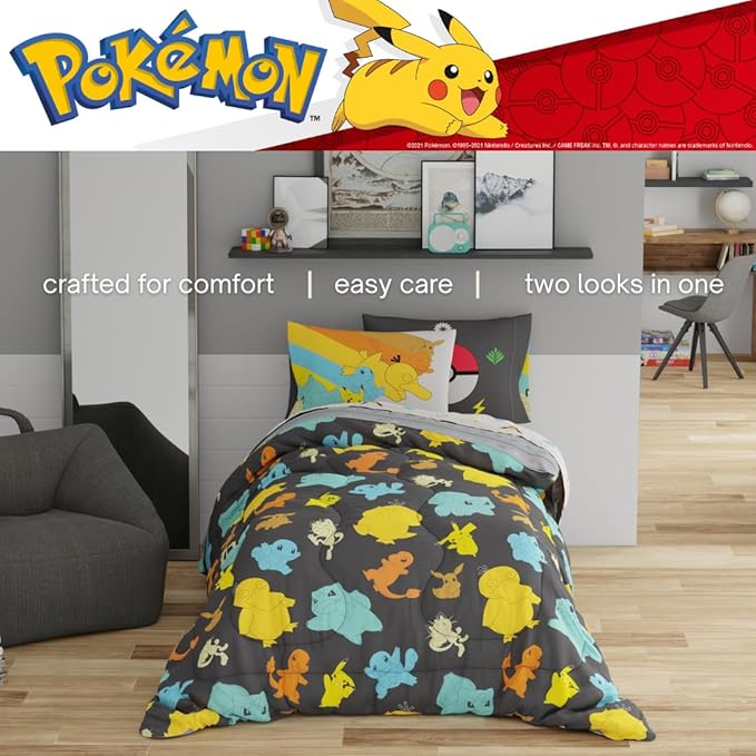 Pokemon Bedding Set, Twin Size 5 Piece Set Kids Super Soft Cozy Reversible Comforter and Sheet Set with Sham, (100% Officially Licensed Product) by Franco