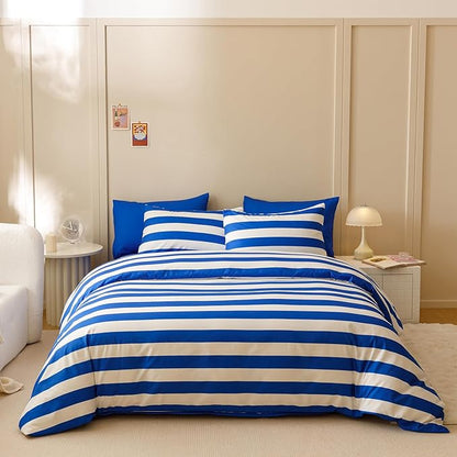 CLOTHKNOW Striped Comforter Set King 3Pcs Blue White Bedding Comforter Sets Blue White Stripes Comforter King All Season Lightweight Bed Set King