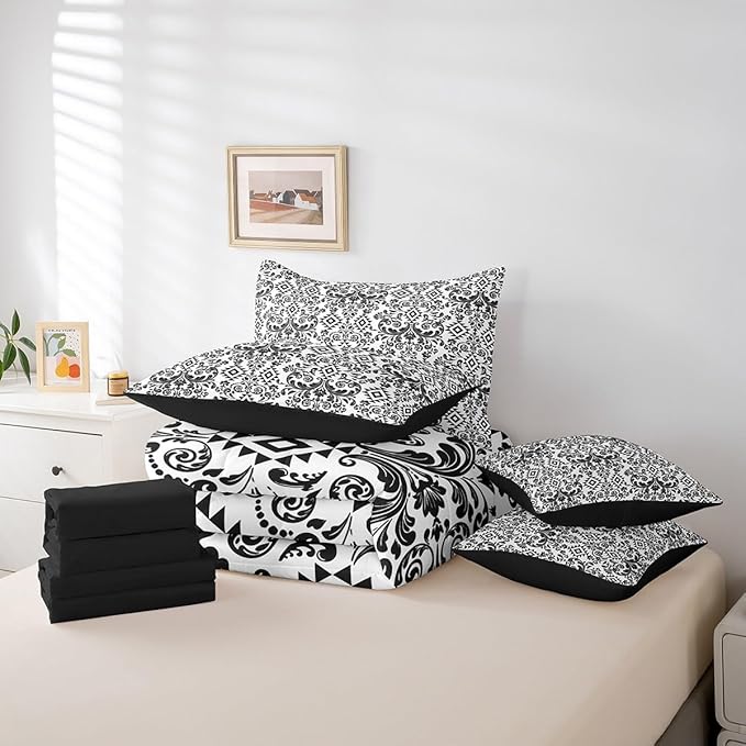 Comforter Set King Size, Black Aztec Damask 7 Pcs Bedding for Kids and Adults, Victorian Decor Western Baroque Goth Bed Sheet Sets with Fitted Sheet 2 Pillowcases & 2 Shams for Bedroom Bed Decor