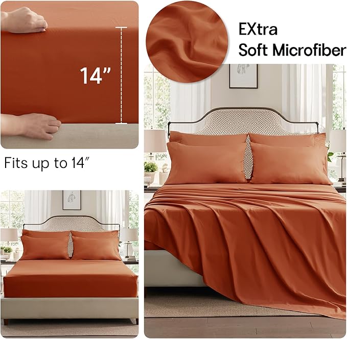 Anluoer Burnt Orange King Comforter Set 7 Pieces, Bed in a Bag with Sheets, All Season Bedding Sets with 1 Comforter, 2 Pillow Shams, 2 Pillowcases, 1 Flat Sheet, 1 Fitted Sheet