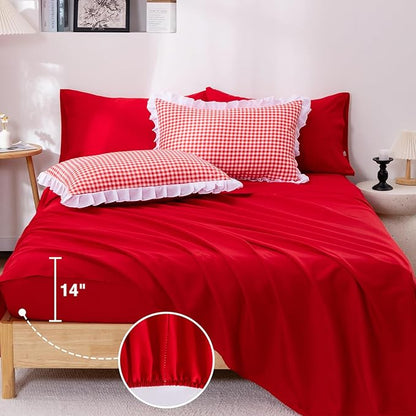A Nice Night Comforter Set Full, 5 Pieces Lightweight Soft Rustic Red Ruffle Comforter, Plaid Checkered Chic Bedding Set with Pillow Shams