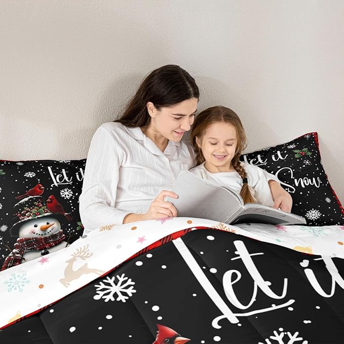 Winter Snowman Bedding Sets Twin Size,Merry Christmas Comforter Set 2Pcs for Kids Girls Boys Women Room Decor,Red Black Checkered Quilted Duvet Northern Cardinal Down Comforter,1 Pillowcase