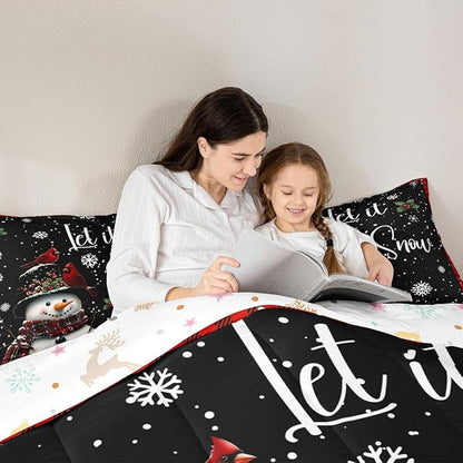 Winter Snowman Bedding Sets Twin Size,Merry Christmas Comforter Set 2Pcs for Kids Girls Boys Women Room Decor,Red Black Checkered Quilted Duvet Northern Cardinal Down Comforter,1 Pillowcase