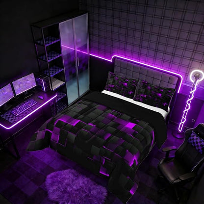 Erosebridal Black Purple Comforter Set Queen Neon Geometric Checkered Bedding Set for Girls Teen Women,Tereoscopic Grids Comforter Square Plaid Quilt Duvet Room Decor 3 Pcs