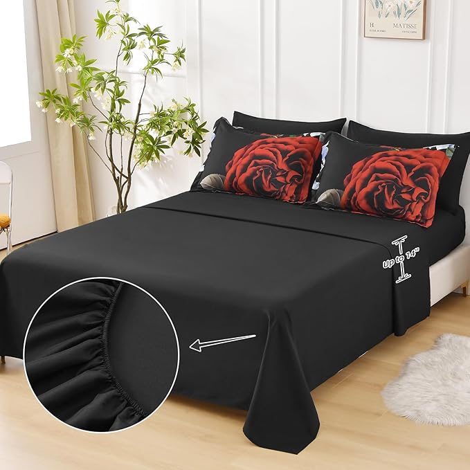 Drucon King Comforter Set - 7 Pieces Floral Black Soft Bedding Sets, King Bed in a Bag with Botanical Red Flowers Comforter, Sheets, Pillowcases & Shams