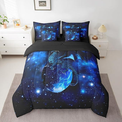 Feelyou Dragon Comforter Set King Size 7 Pcs Galaxy Space Universe Comforter Bed in a Bag Jungle Animals Dragon Bedding Set for Boys Girls Dragon Lover Bed Set with Sheets, Pillowcases, Pillow Covers