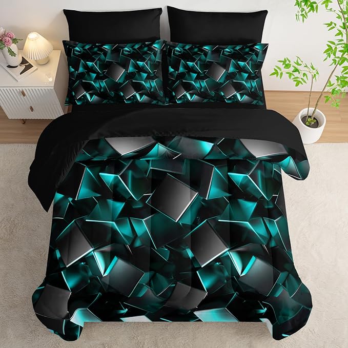 Turquoise Black Geometric Comforter Set King Size 7PCS,Abstract Triangular Printed Bedding Set for Adults,Geometric Mordern Art Decor All Seasons with Pillowcases,Flat, Fitted Sheet