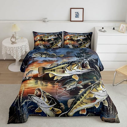 Erosebridal Fishing Theme Queen Bedding Set,Big Bass Pike Fish Comforter Set for Kids Boys Men,Rustic Cabin Lake House Comforter,Vintage Fisherman Bedroom Room Decor,2 Pillowcases Breathable