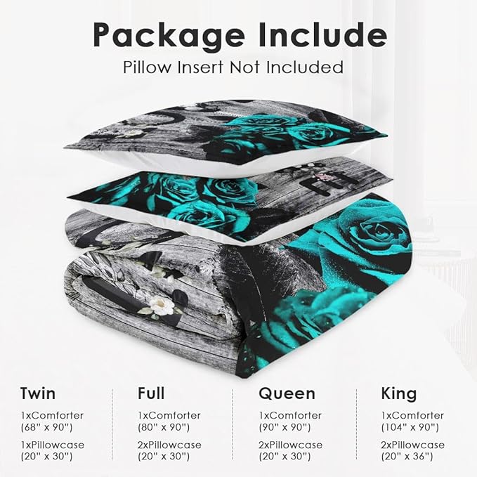 Twin Size Comforter Set with Pillowcase, Cyan Rose Flower Love 2 Pcs Bedding for Kids and Adults, Summer Vintage Woodboard Soft Comforter Set for Bedroom Bed Decor